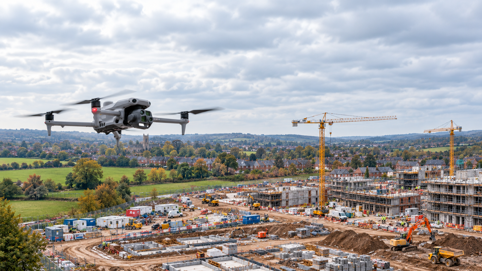 DJI Matrice 4E doing construction monitoring over building site by Iprosurv