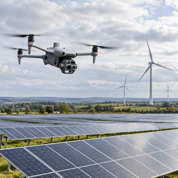 Drone inspecting a solar energy installation